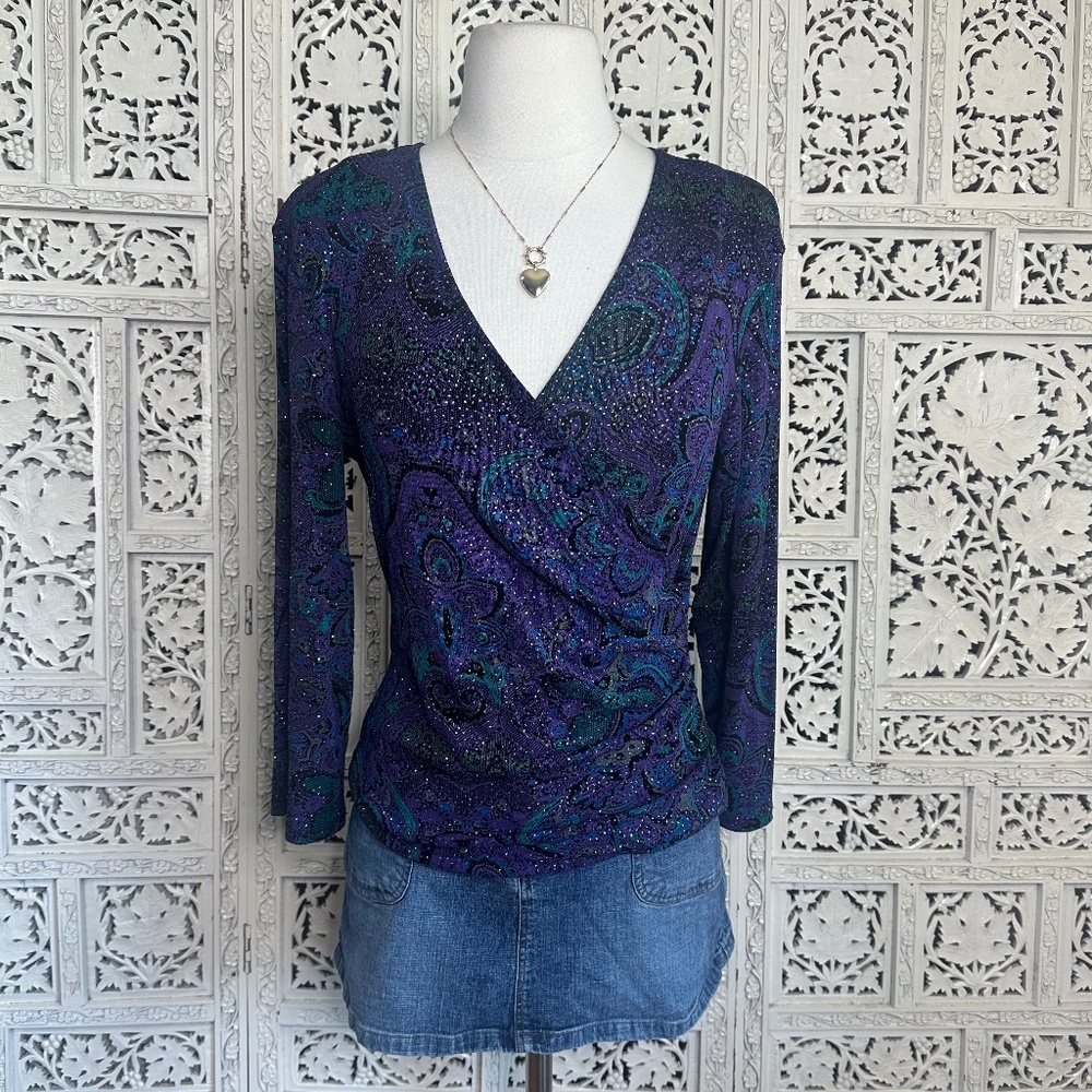Vintage Purple Sparkly Fairy Witchy Faux Wrap V Neck Blouse Sz Medium